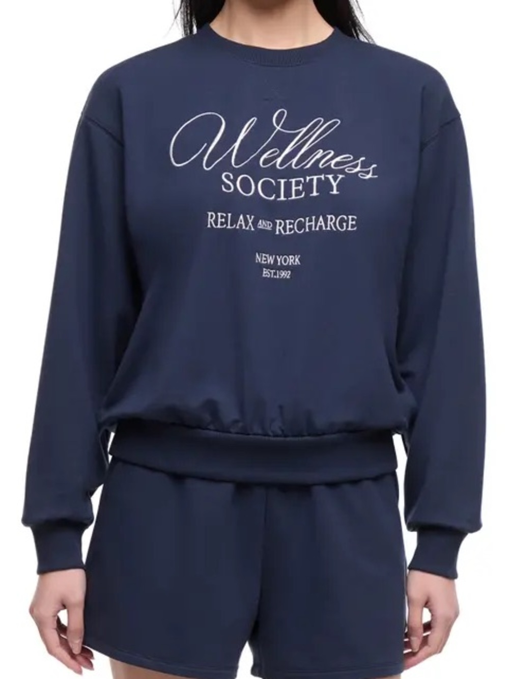 Wildfox Navy "Wellness Society" Relax & Recharge Pullover and sweat shorts set